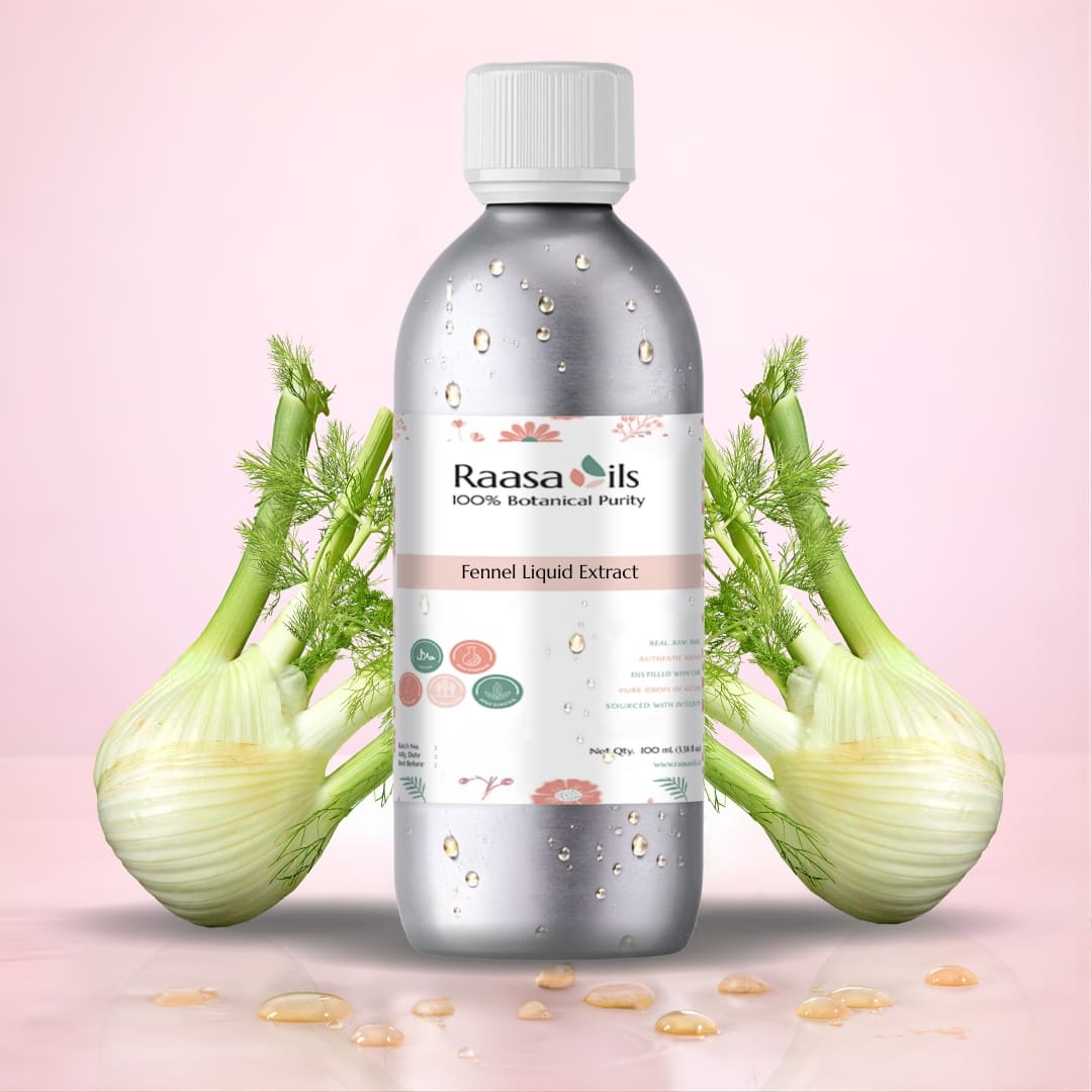 Bottle of Raasa Oils Fennel Liquid Extract with fennel plants on a pink background