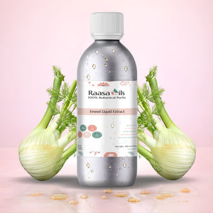 Bottle of Raasa Oils Fennel Liquid Extract with fennel plants on a pink background