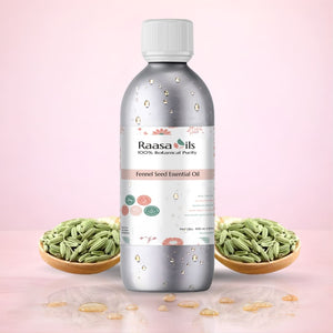 Bottle of Raasa Oils Fennel Seed Essential Oil with fennel seeds on a pink background