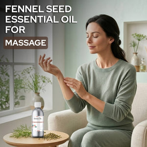 Woman massaging her arm with fennel seed essential oil bottle on a table.