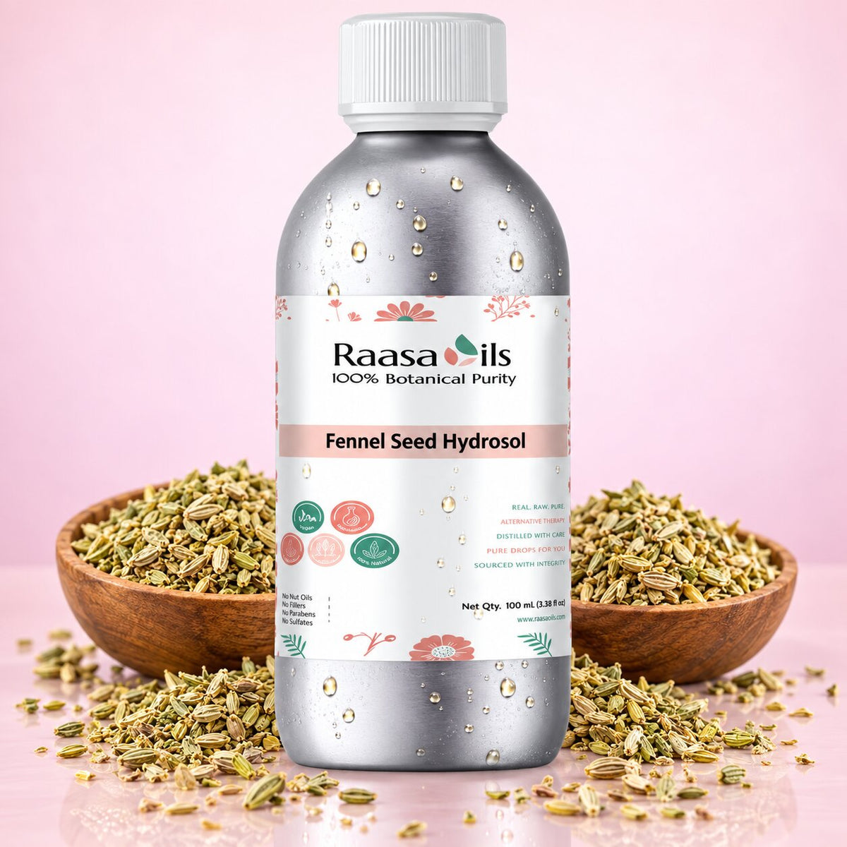 A bottle of Raasails Fennel Seed Hydrosol centered between two wooden bowls filled with dried fennel seeds, with scattered fennel seeds on a pink surface against a soft pink background.