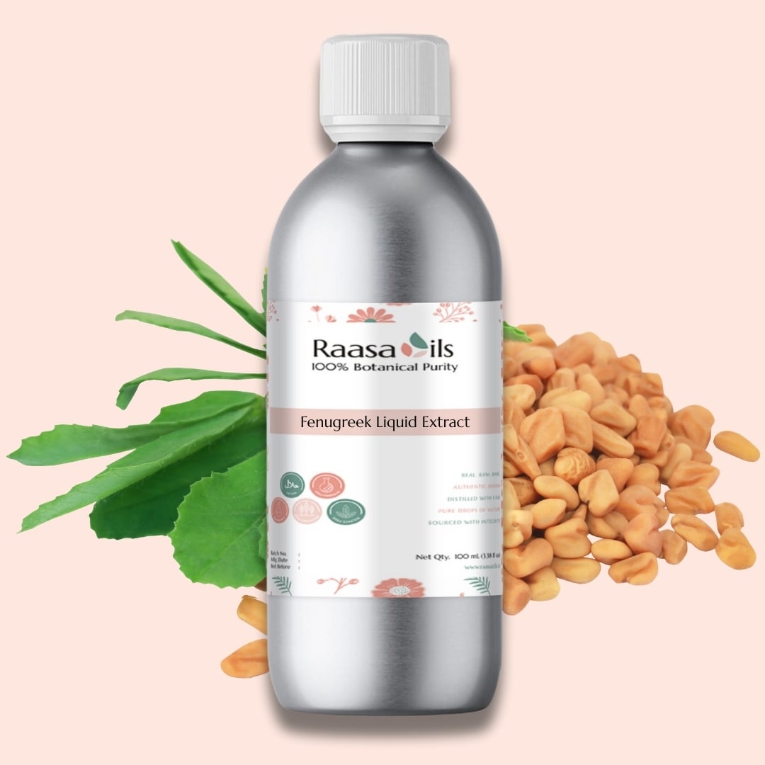 Bottle of Raasa Oils Fenugreek Liquid Extract with fenugreek seeds and leaves on a pink background