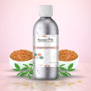 Raasa Oils Fenugreek Liquid Extract bottle with fenugreek seeds and leaves on a pink background