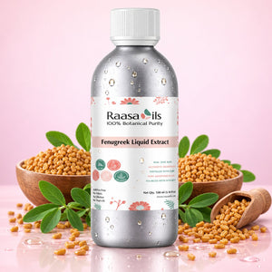 A bottle of Raasa Oils Fenugreek Liquid Extract centered on a pink background, flanked by bowls of yellow fenugreek seeds and green leaves. The bottle is metallic silver with a white cap and a white label featuring pink and green botanical illustrations.
