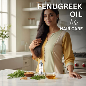 Woman with long hair standing in a kitchen with fenugreek oil and ingredients on the counter.