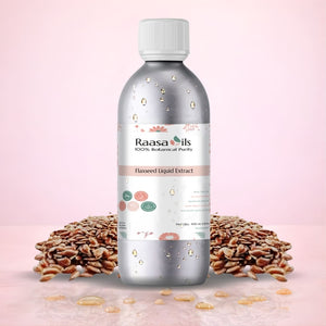 Bottle of Raasa Oils Flaxseed Liquid Extract with flaxseeds on a pink background