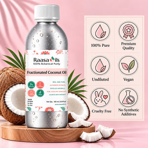 A bottle of Raasa Oils Fractionated Coconut Oil stands on a wooden tray with halved coconuts around it against a pink satin backdrop. A product information panel on the right lists benefits such as 100% pure, premium quality, undiluted, vegan, cruelty free, and no synthetic additives.