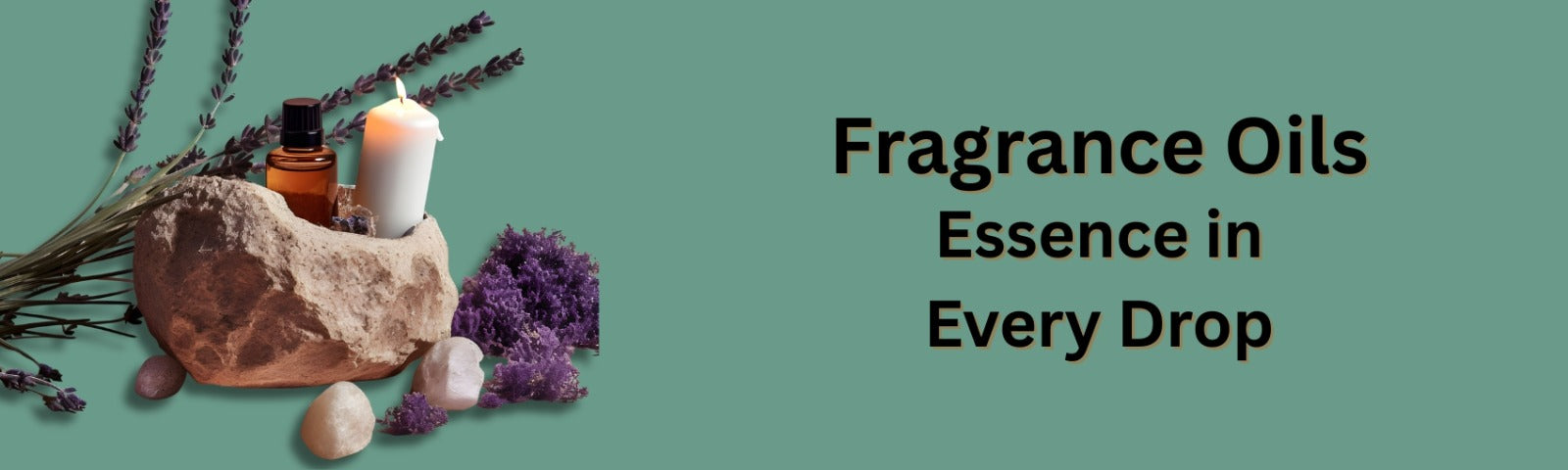 Fragrance oils with lavender and candle on a green background