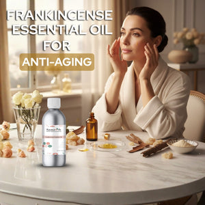 Woman in a bathrobe with frankincense essential oil for anti-aging, with a bottle and dropper on a table.
