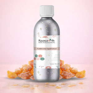 Raasa Oils Frankincense Liquid Extract bottle with frankincense resin on a pink background