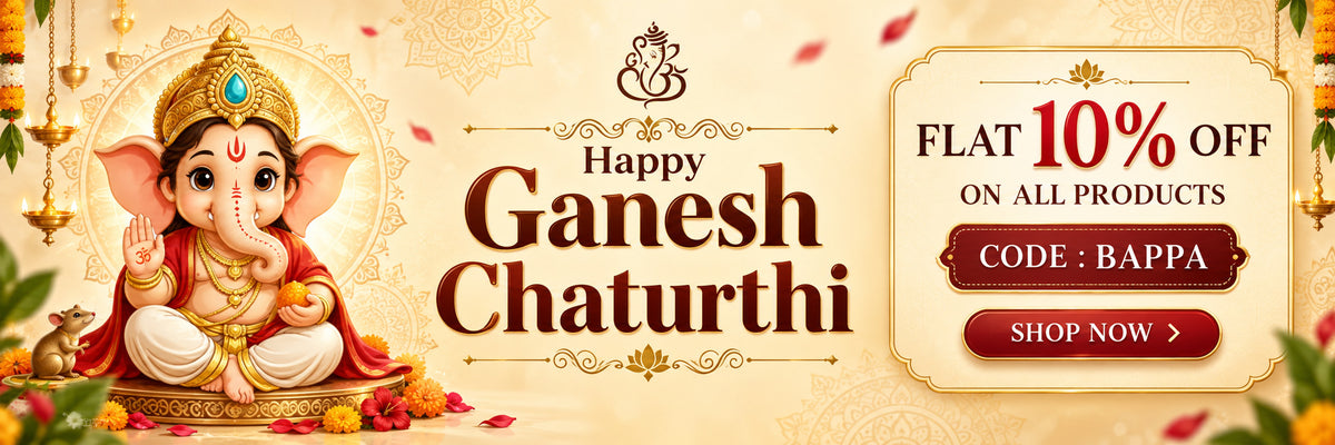 Promotional banner for Ganesh Chaturthi with a seated Lord Ganesha illustration on the left, large text reading 'Happy Ganesh Chaturthi,' and a sale box on the right offering 'Flat 10% Off on all products' with code BAPPA and a Shop Now button.