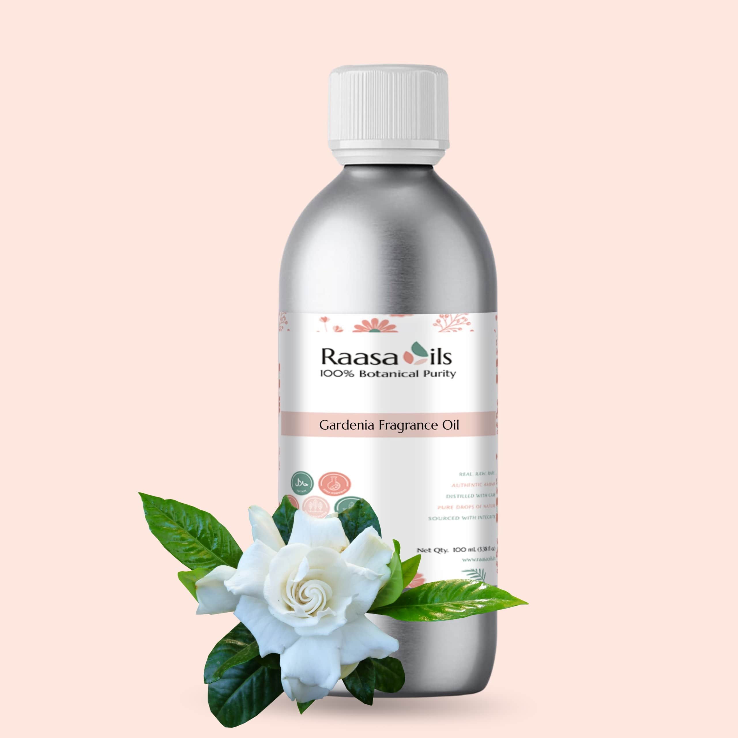 Bottle of Raasa Oils Gardenia Fragrance Oil with a white cap on a light pink background
