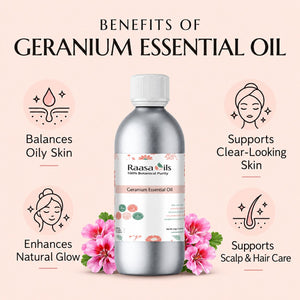A bottle of Raasa oils Geranium Essential Oil centered on a pale pink background with text and icons about skin and hair benefits. Pink flowers are placed at the base of the bottle.