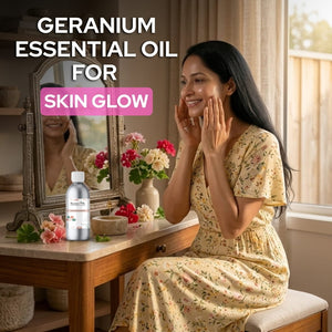 Woman applying geranium essential oil for skin glow in a home setting.