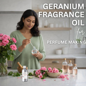 Woman making perfume with geranium fragrance oil in a kitchen setting