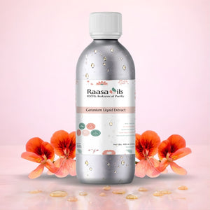 Raasa Oils bottle with geranium flowers on a pink background