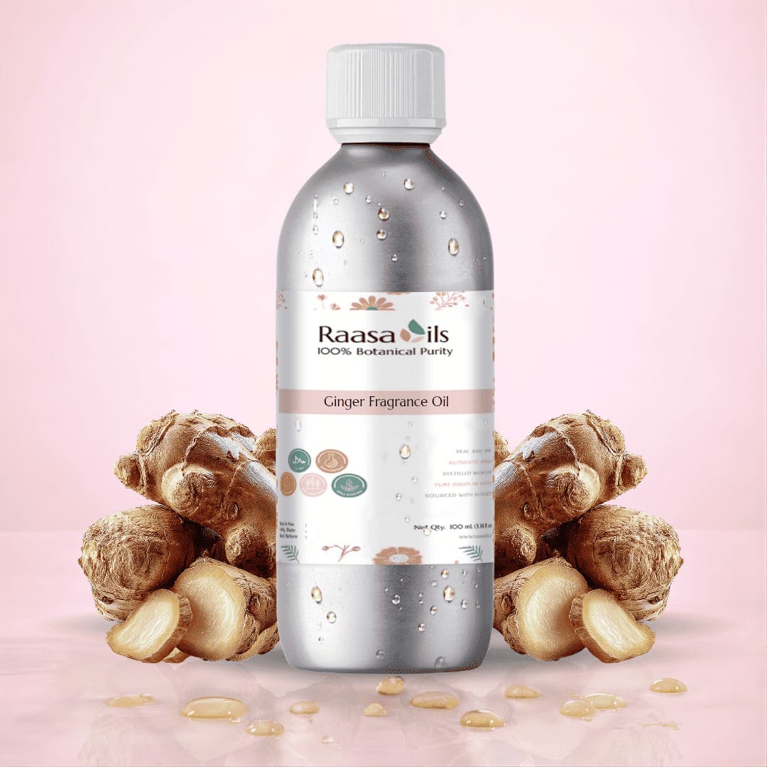 Bottle of Raasa Oils Ginger Fragrance Oil with ginger roots on a pink background