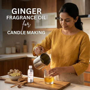 Woman in a kitchen pouring liquid into a glass with text about ginger fragrance oil for candle making.