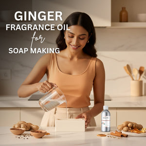 Woman pouring liquid into a mold with ginger and fragrance oil on a kitchen counter.
