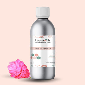 Raasa Oils Ginger Lily Essential Oil bottle with a pink flower on a beige background