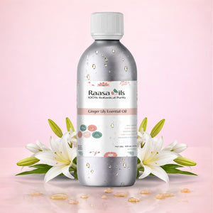 Bottle of Raasa Oils Ginger Lily Essential Oil with flowers on a pink background