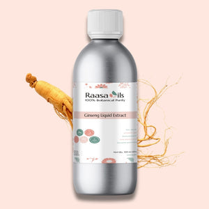 Bottle of Raasa Oils Ginseng Liquid Extract with ginseng roots on a light pink background