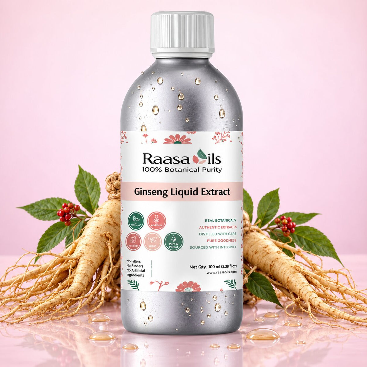 A bottle of Raasa Oils Ginseng Liquid Extract centered on a pink background, flanked by ginseng roots, green leaves, and small red berries. The bottle is metallic silver with a white cap and a white label featuring pink floral accents and product text.