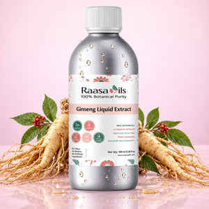 A bottle of Raasa Oils Ginseng Liquid Extract centered on a pink background, flanked by ginseng roots, green leaves, and small red berries. The bottle is metallic silver with a white cap and a white label featuring pink floral accents and product text.