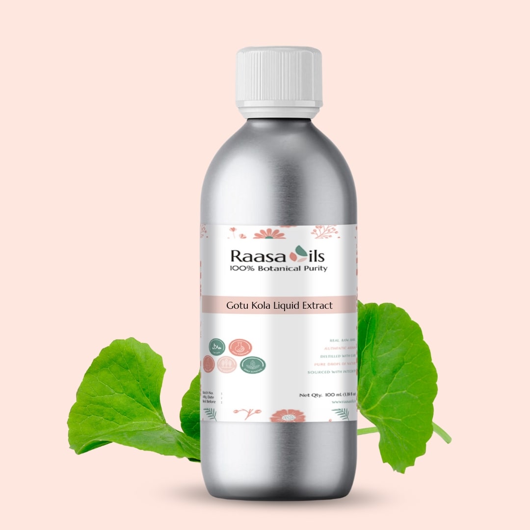 Bottle of Raasa Oils Gotu Kola Liquid Extract with green leaves on a light pink background