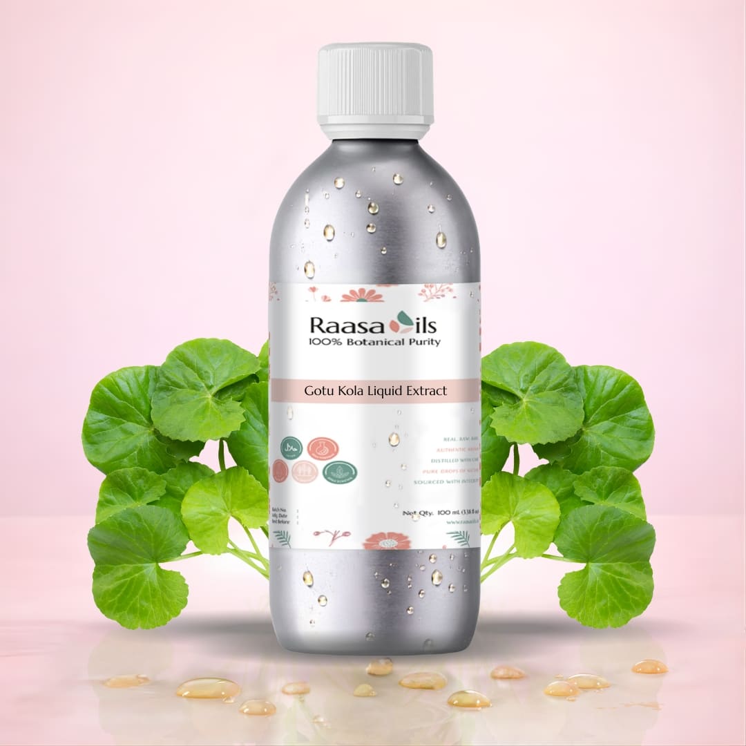 Bottle of Raasa Oils Gotu Kola Liquid Extract with green leaves on a pink background