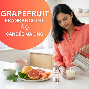Woman pouring liquid into a glass with grapefruit and fragrance oil on a table, promoting grapefruit fragrance oil for candle making.