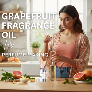 Woman pouring grapefruit fragrance oil into a bottle with text about grapefruit fragrance oil for perfume making.