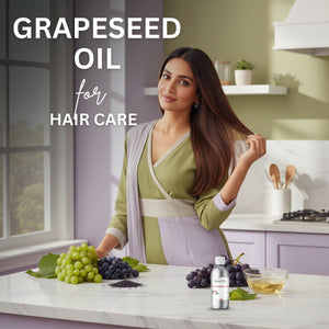 Woman with long hair in a kitchen setting with grapes and a bottle labeled 'Grapeseed Oil for Hair Care'.