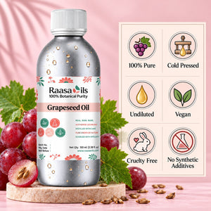 A bottle of Raasa Oils Grapesed Oil displayed on a pink background with fresh grapes, leaves, and a feature infographic on the right.