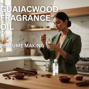 Woman in a kitchen holding a bottle of guaiacwood fragrance oil with text overlay.