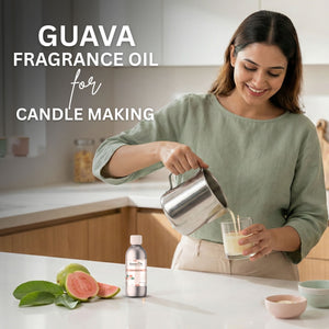 Woman pouring liquid into a glass with guava fragrance oil for candle making on a kitchen counter.