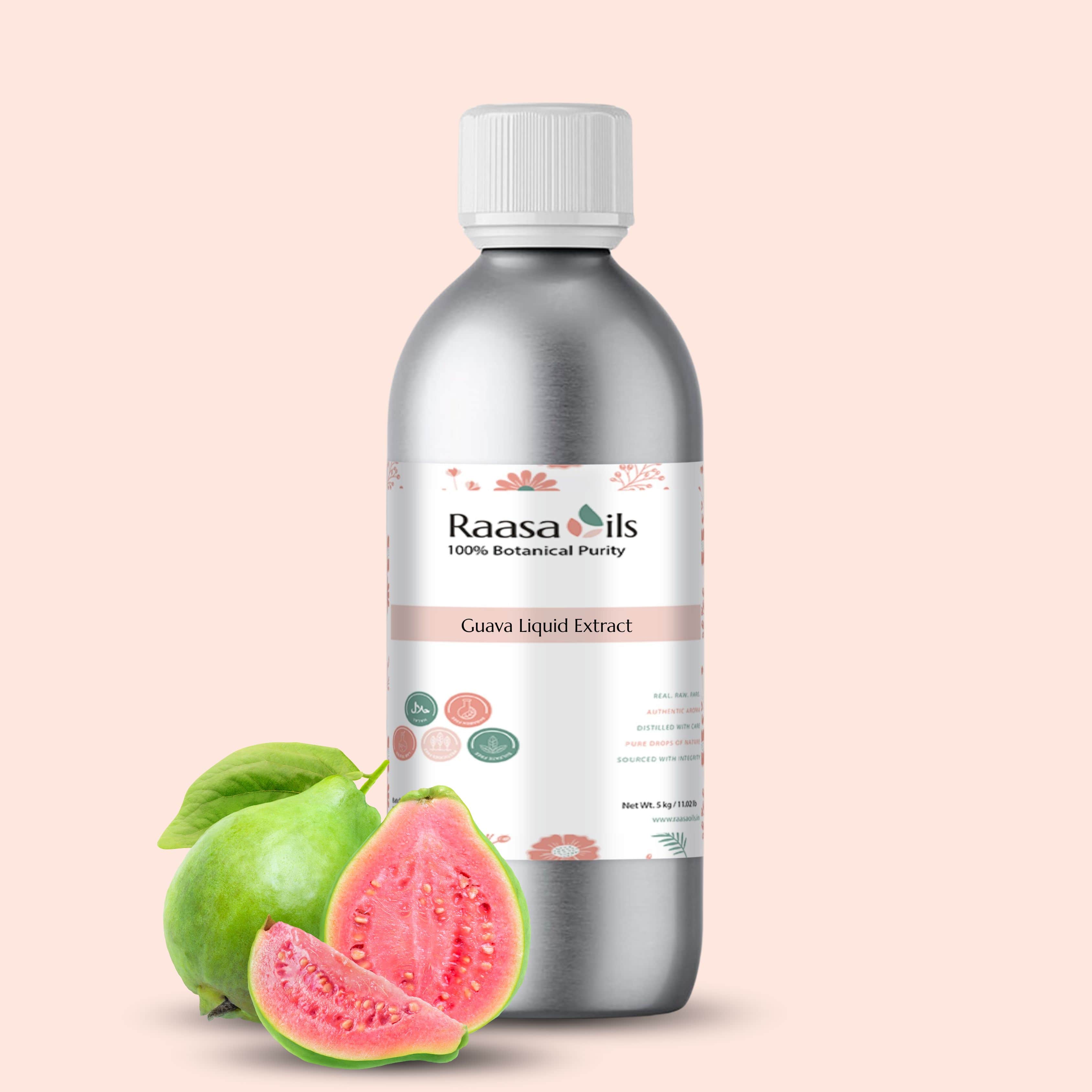 Bottle of Raasa Oils Guava Liquid Extract with guava fruit on a beige background