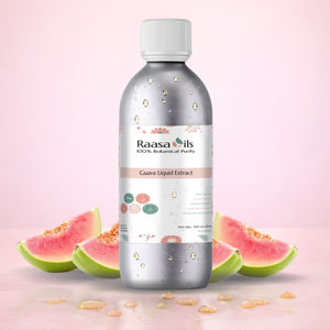 Bottle of Raasa Oils Guava Liquid Extract with guava slices on a pink background