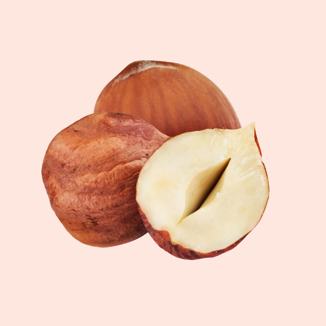 Two hazelnuts, one whole and one sliced open, on a pink background
