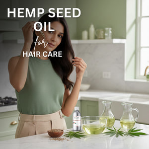 Woman with long hair touching it, with hemp seed oil products on a kitchen counter.