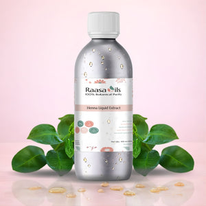 Raasa Oils Henna Liquid Extract bottle with green leaves on a pink background