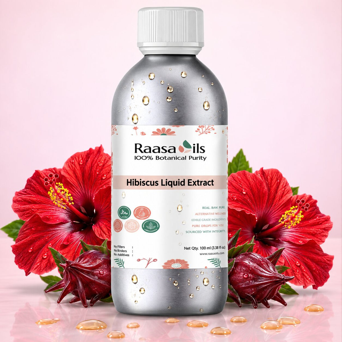 A bottle of Raasa Oils Hibiscus Liquid Extract centered against a soft pink background, flanked by large red hibiscus flowers and oil droplets. The bottle is metallic silver with a white cap and a white label featuring pink and green botanical details.
