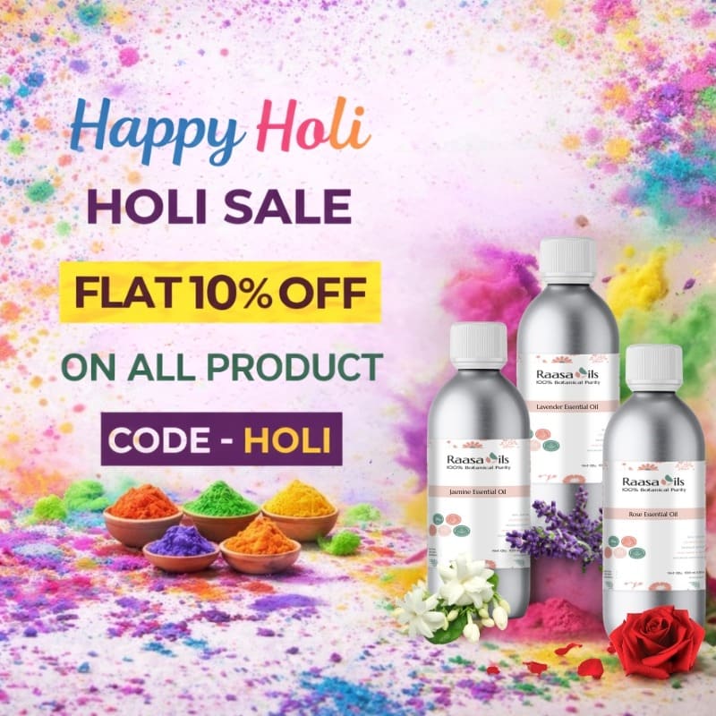 Promotional image for Holi sale with Raasa Oils products and colorful powder on a vibrant background.