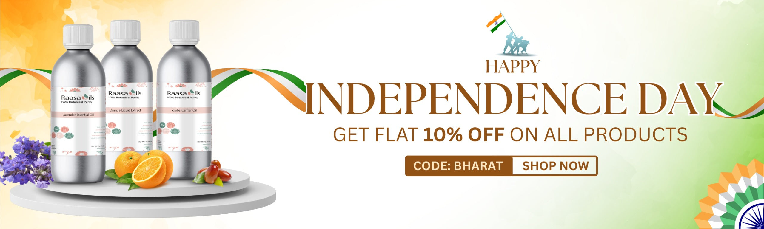Promotional banner for Happy Independence Day with product bottles and a discount offer.