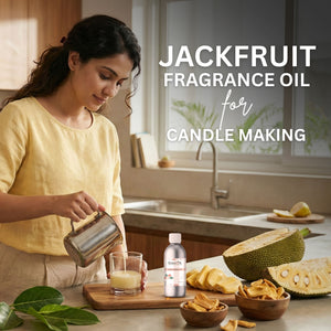 Woman in a kitchen preparing a drink with jackfruit, text about jackfruit fragrance oil for candle making.