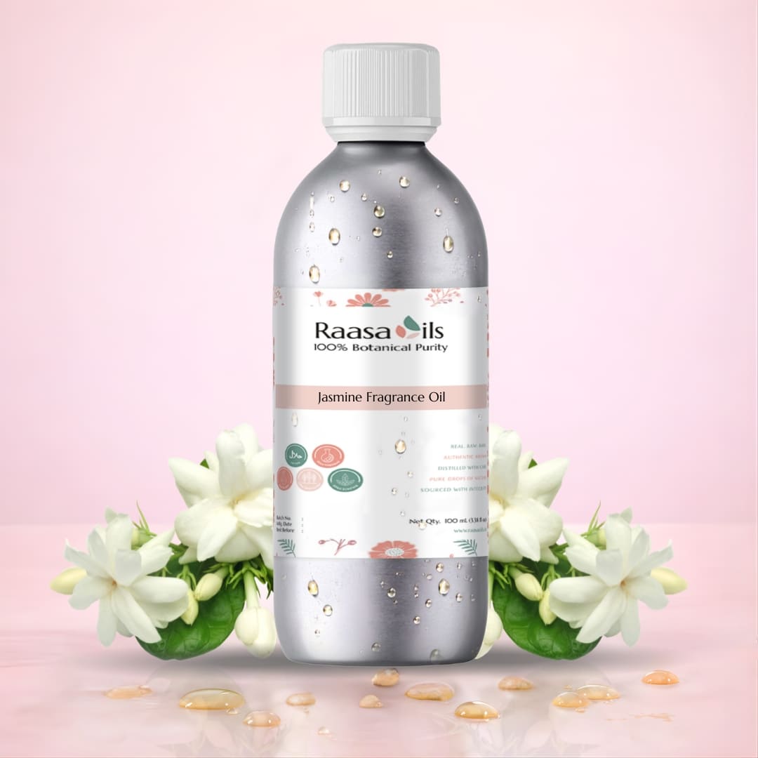 Bottle of Raasa Oils Jasmine Fragrance Oil with jasmine flowers on a pink background