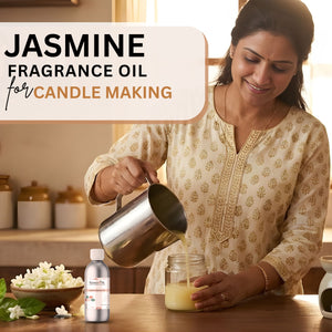 Woman pouring a liquid into a jar with jasmine fragrance oil for candle making.