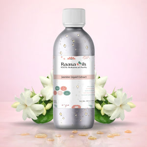 Bottle of Raasa Oils Jasmine Liquid Extract with jasmine flowers on a pink background