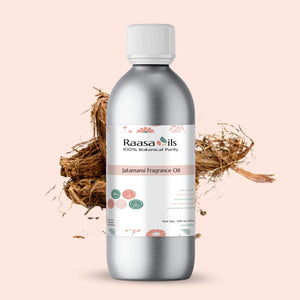 Bottle of Raasa Oils Jatamansi Fragrance Oil with a beige background