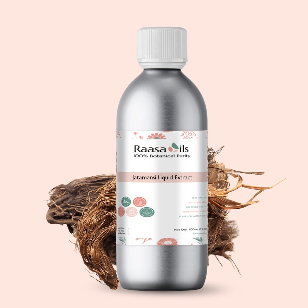 Bottle of Raasa Oils Jatamansi Liquid Extract on a beige background